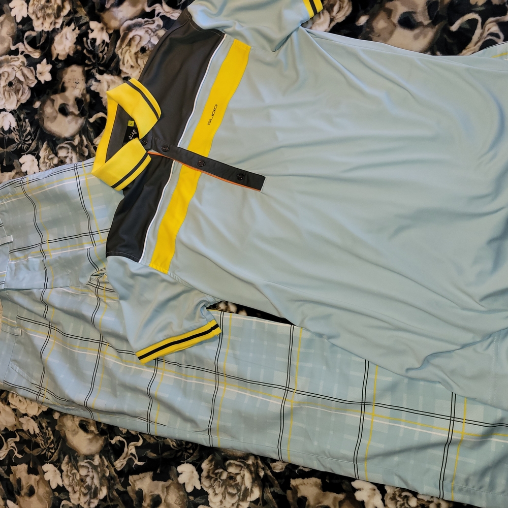 Sligo Men's Light Blue Plaid Pants 32-30 & Polo's Large